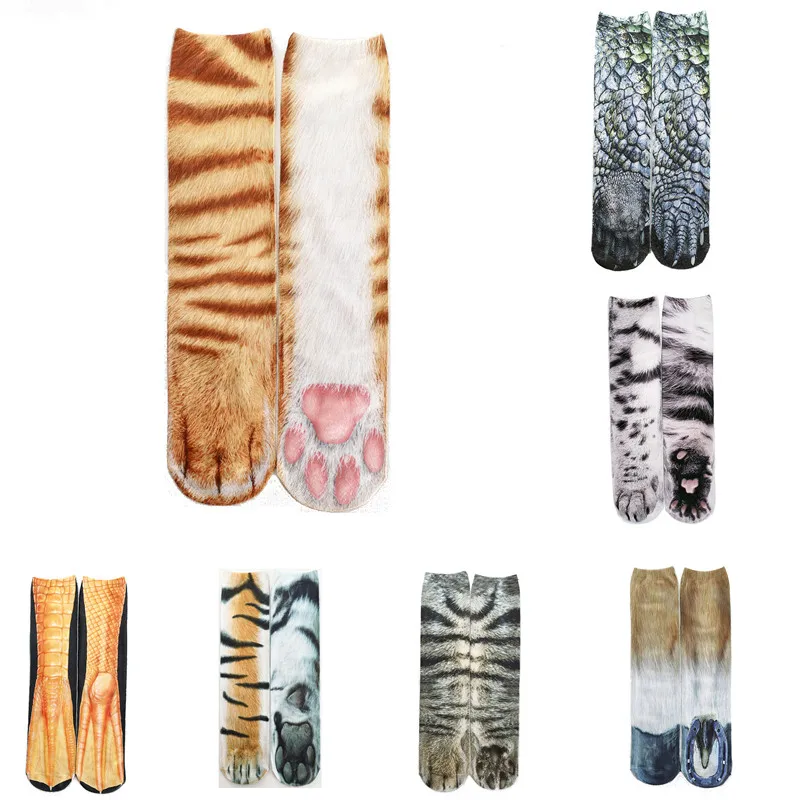 New 3D Print Animal Paw Socks Funny Women Men Crew Long Stocks Elastic Breathable Sock Dog Horse Zebra Pig Cat Chicken Paw Sox