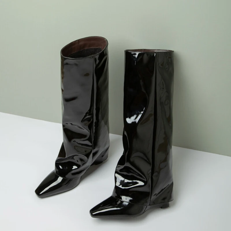 Низкая цена зеркальные лакированные высокие сапоги до колена женские на высокой