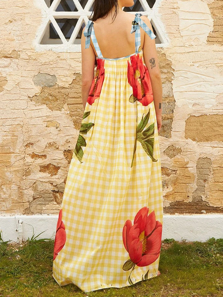 Женский свободный сарафан в клетку Повседневное платье макси стиле бохо с