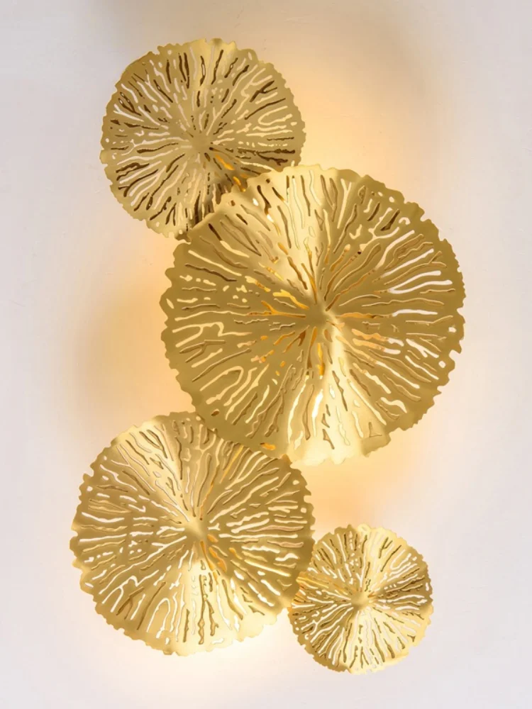 

Creative hollow lotus leaf copper wall light modern personality living room background bedroom bedside wall lamp