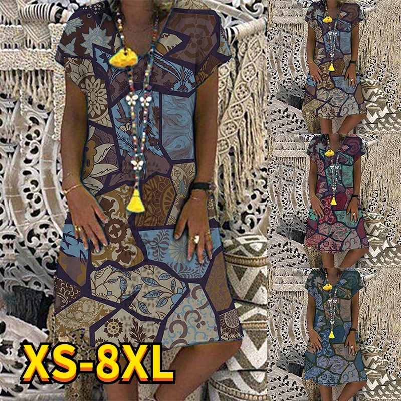 

2022 Summer Elegant Women's Floral Theme Printed Painting V Neck Casual Fational Dress Knee Length Flower Dress New 8XL Dresses