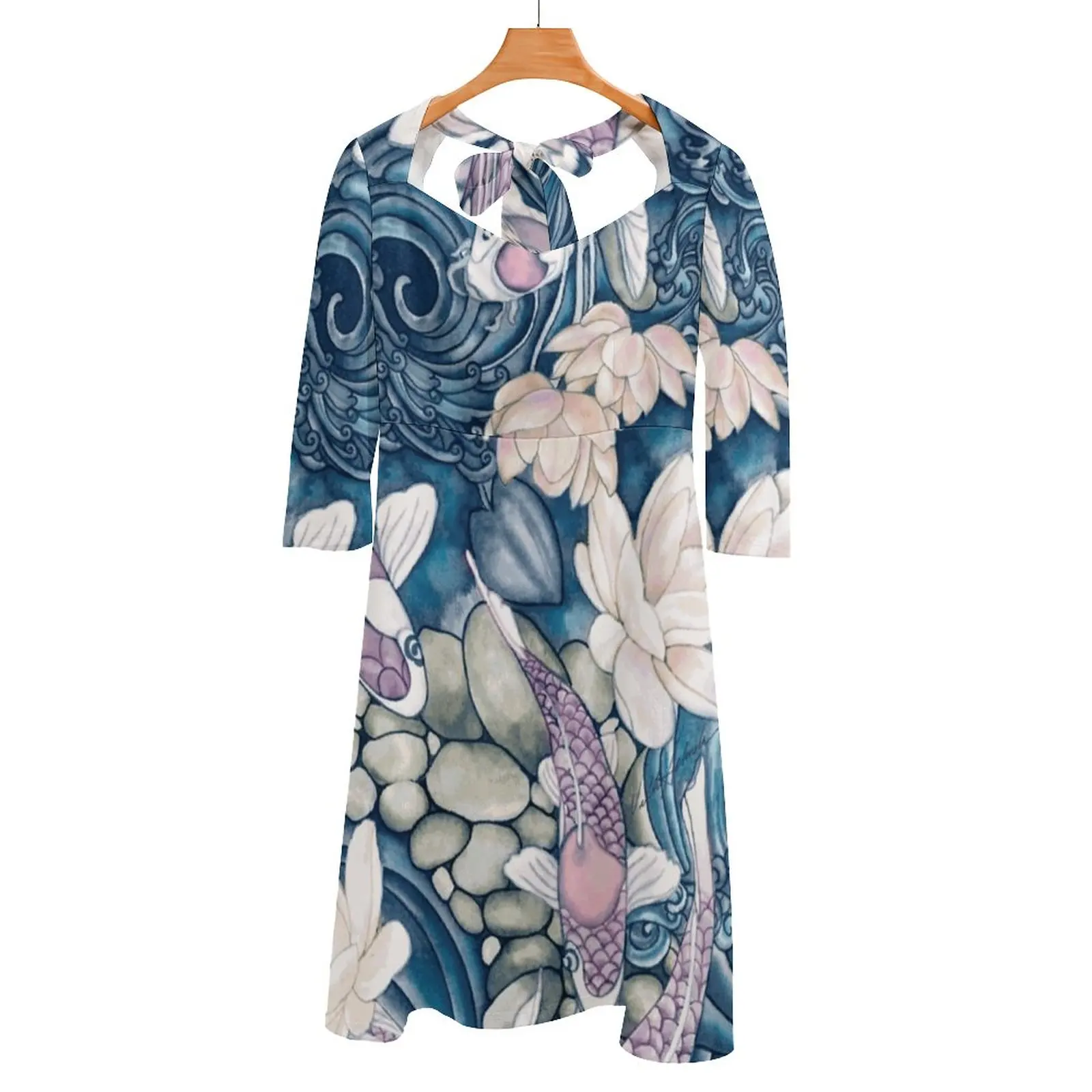 

Koi Water Garden Back Lacing Backless Dress Square Neck Dress Sweet Elegant Dress Koi Flowers Fish Pattern Border Water Waves