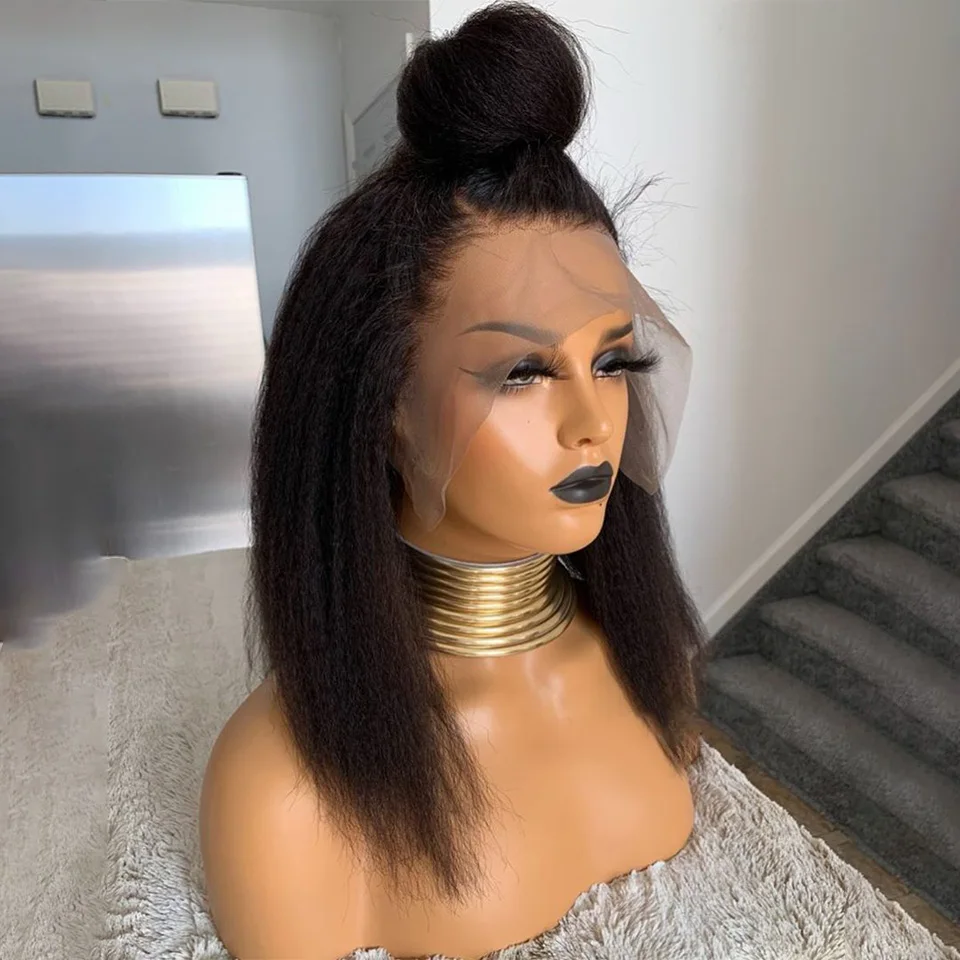 

Yaki 180 Density Natural Looking Short Bob Soft Black Kinky Straight Lace Front Wig BabyHair for Women Preplucked Heat Resistant