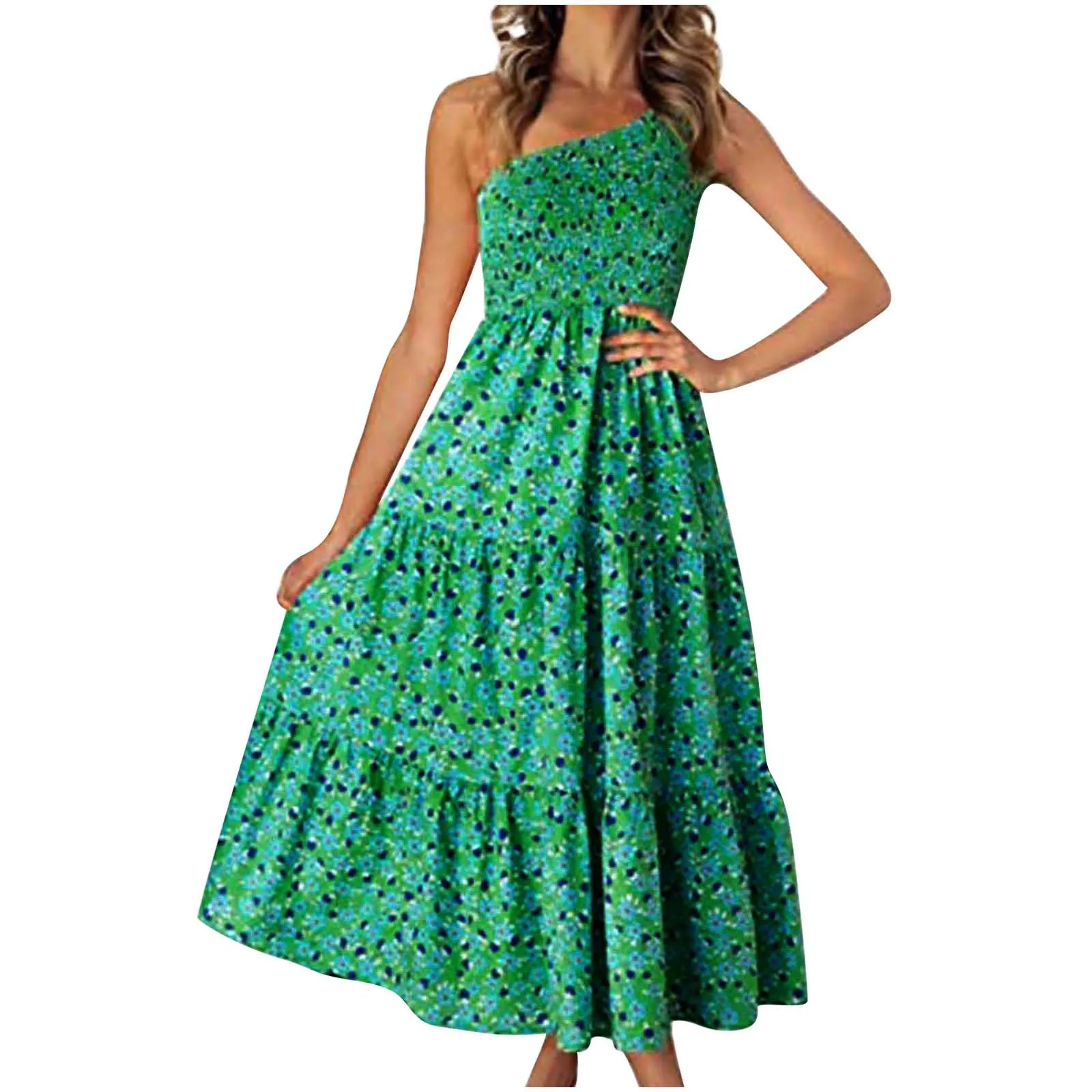 

Женское богемное летнее платье на одно плечо, без рукавов, с каскадными оборками, с дымчатым цветочным рисунком, женское платье в несколько ...