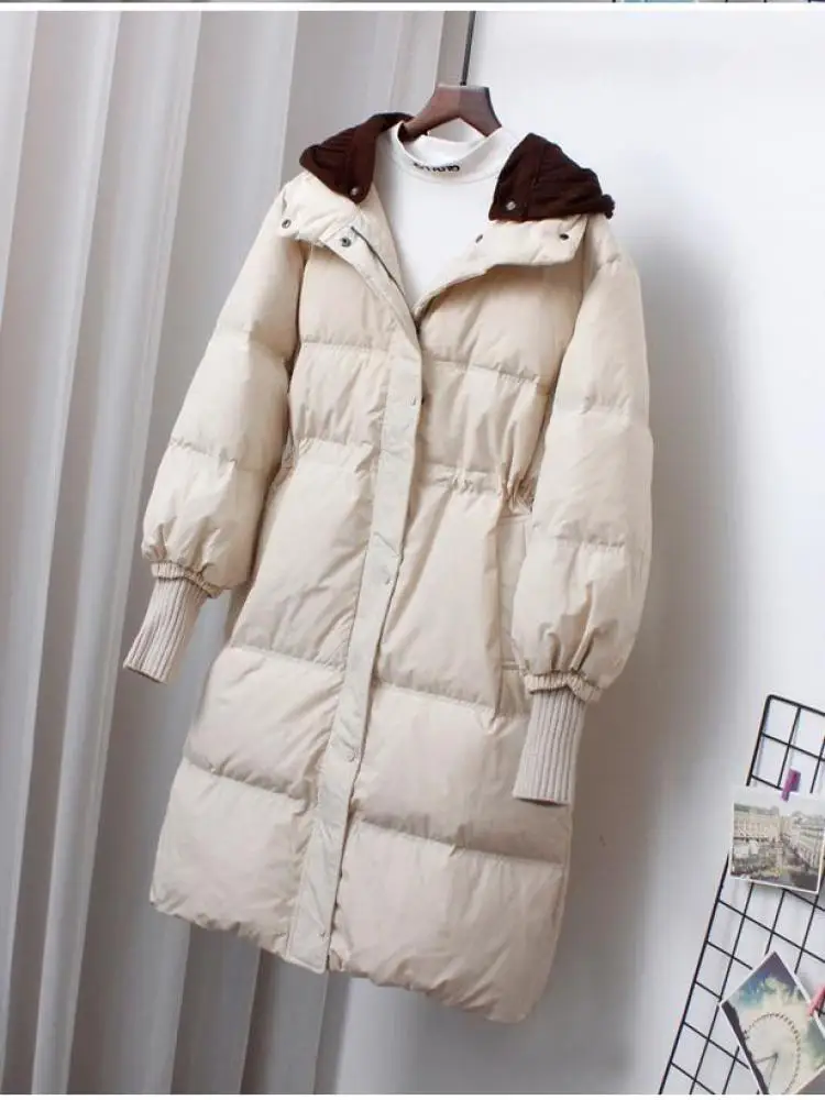 Winter Long Down Jacket Women White Duck Down Coat Slim Casual Winter Warm With Knitted Removable Hood Adjustable Outwear