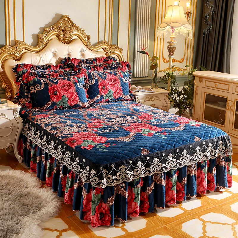 Thick Bedspread Velvet Bed Cover Skirt Floral Print Pattern  Warm Lace Bedding Queen Bedded Set Mattress Cover Decor Decoration