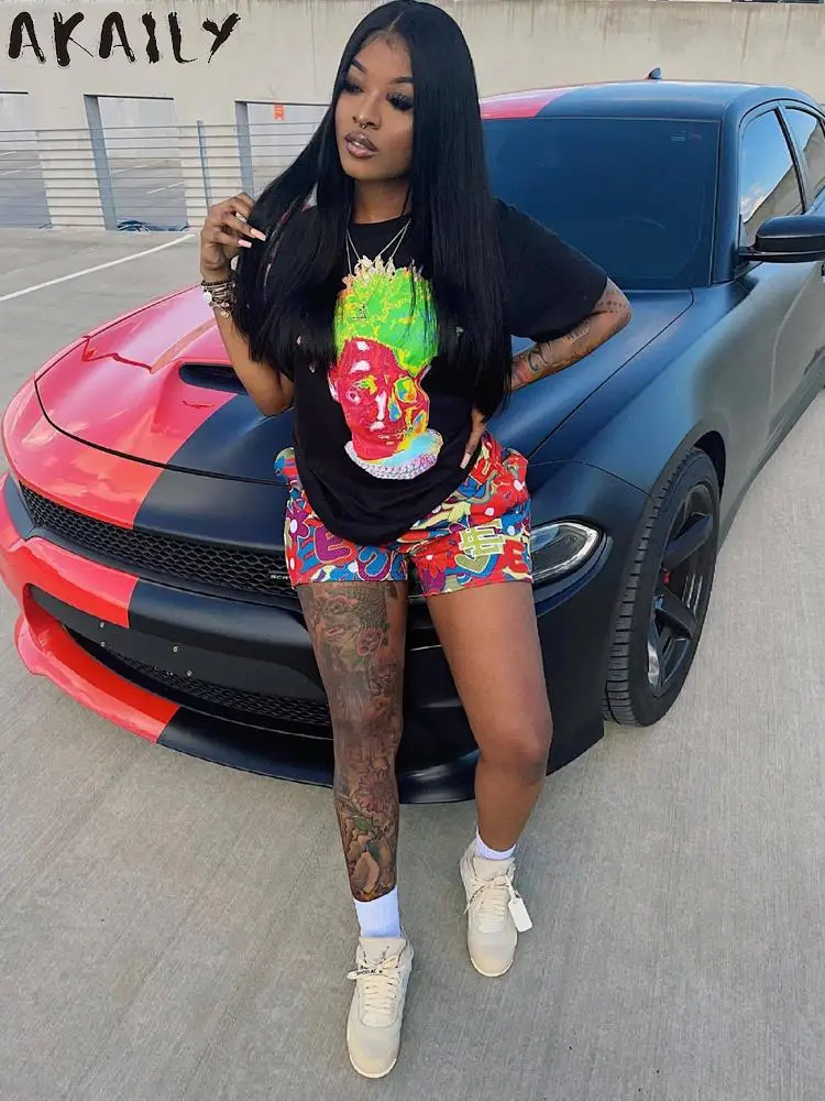 

FQLWL Summerl Streetwear 2 Two Peice Sets Women Outfits Short Sleeve Print Top O Neck Black Club Fashion Matching Sets Female