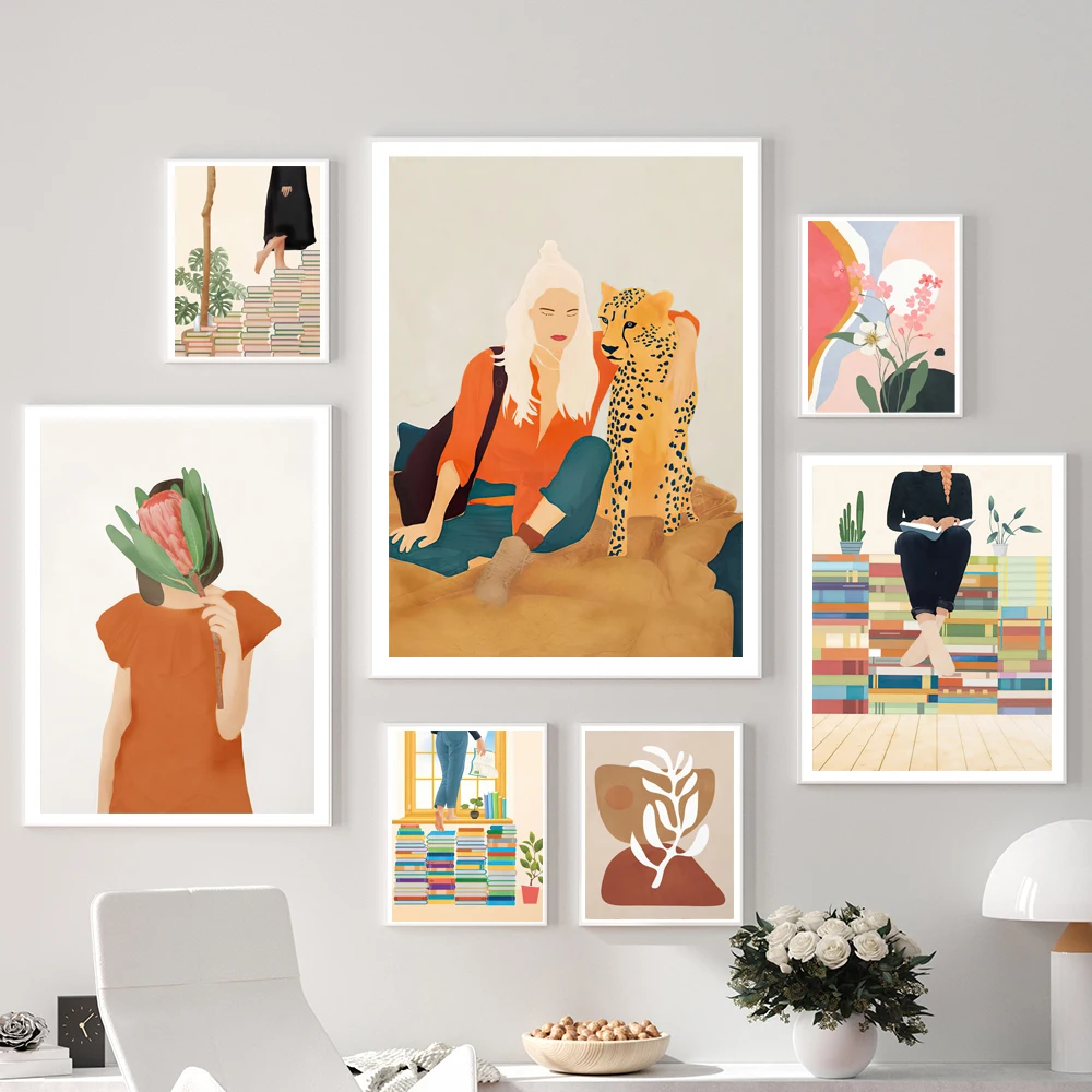 

Настраиваемые абстрактные тропические монстеры девушка Гепард настенные художественные постеры и фотообои для гостиной