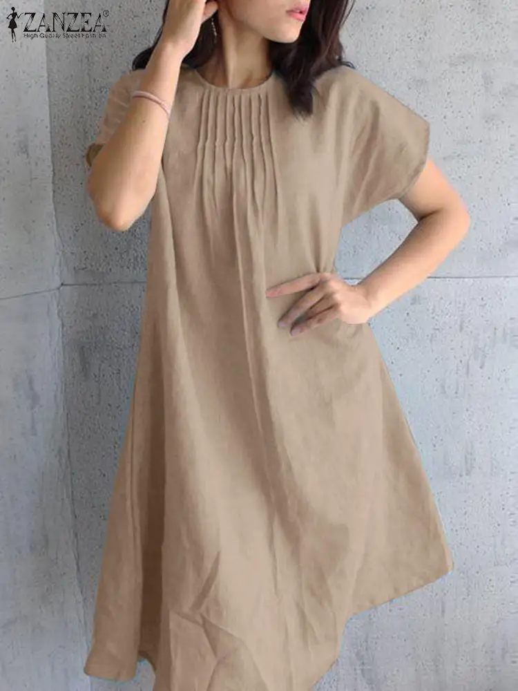 

Лето 2023, модное женское платье ZANZEA с круглым вырезом и коротким рукавом, повседневный свободный сарафан, рабочее платье, кафтан, элегантное Однотонное Платье До Колена
