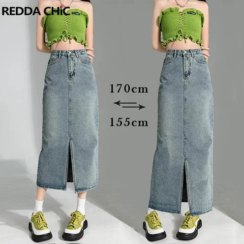 ReddaChic Big Size Women Denim Skirt with Front Slit Maxi Long Blue Summer 2023 Stylish Casual Plain Tall Girl Floor Jeans Skirt