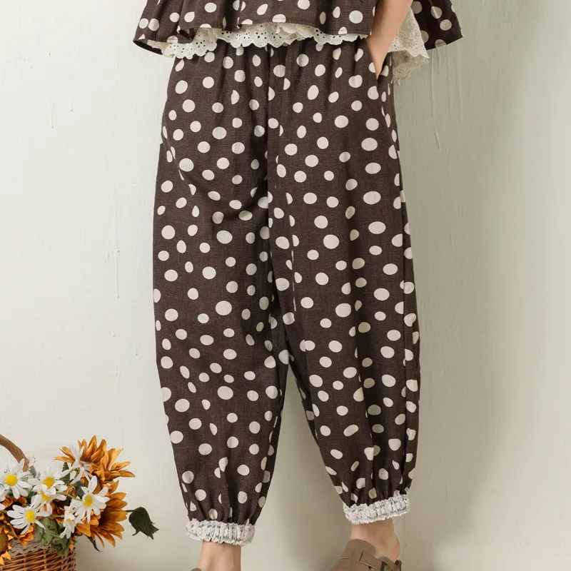 

Женские шаровары в горошек Johnature, хлопково-льняные штаны до щиколотки, с эластичным поясом, с кружевными карманами, в стиле пэчворк, весна-лето 2023