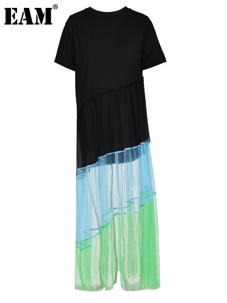 

[EAM] Women Green Mesh Irregular Long Dress New Round Neck Short Sleeve Loose Fit Fashion Tide Spring Summer 2023 1DF781703