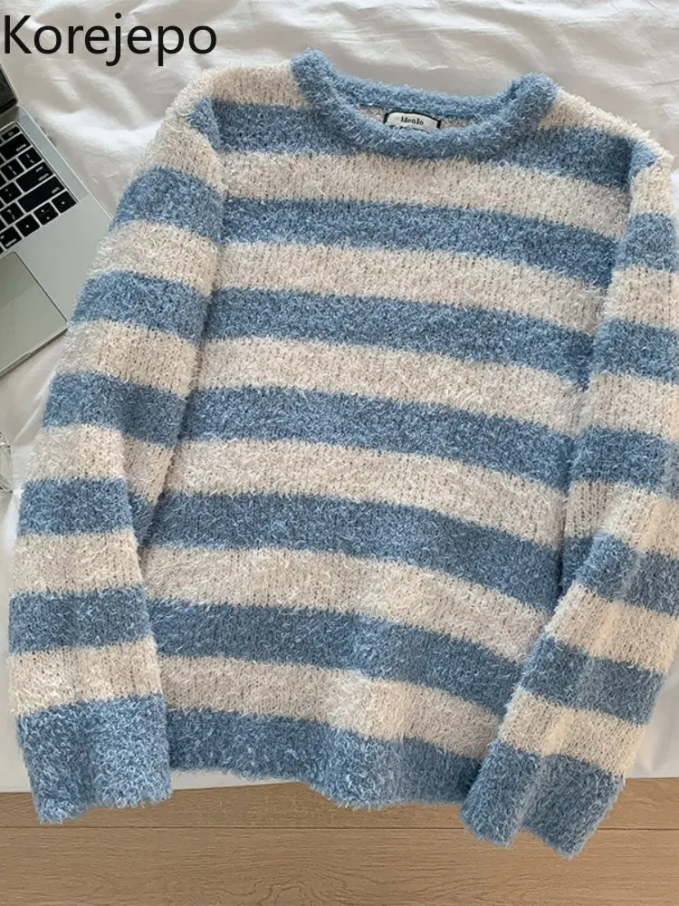 

Korejepo Stripe Loose Sweater Women's Autumn 2022 New Round Neck Top Color Contrast Versatile Long Sleeve Knitwear Pullover