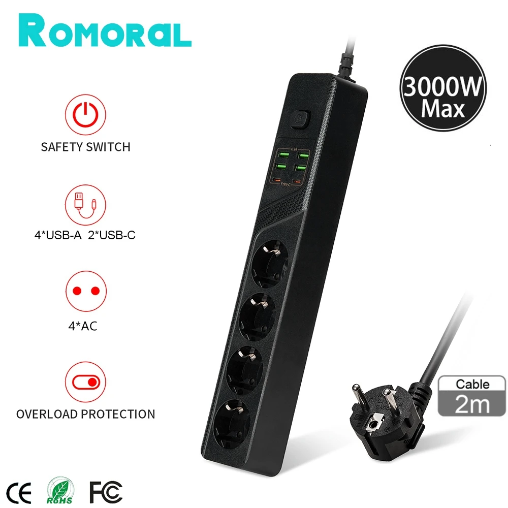 

Standard Grounded Power Strip 4 EU Plugs Sockets 4 USB 2 Type C Ports Overload Protection With Extension Cable for Home Office