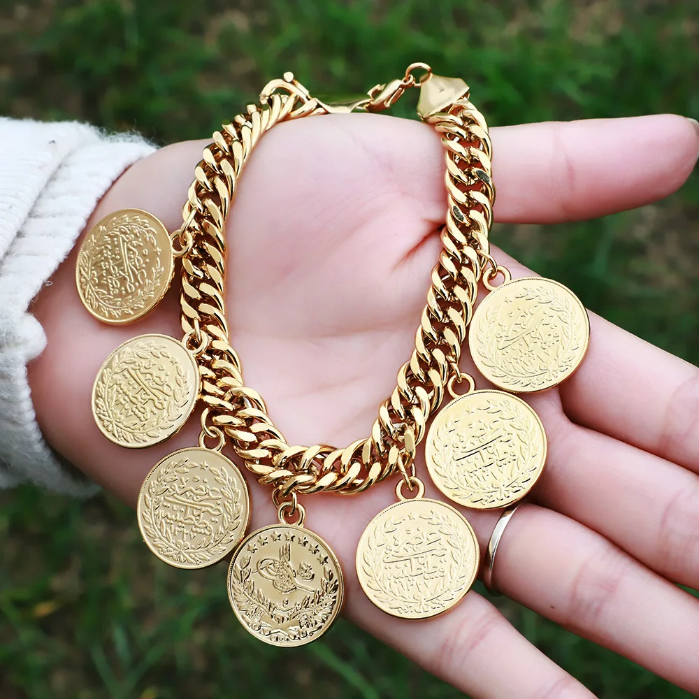 Pulsera con monedas turcas para mujer, brazalete islámico musulmán, Joyería Árabe, Color dorado, 19/21cm