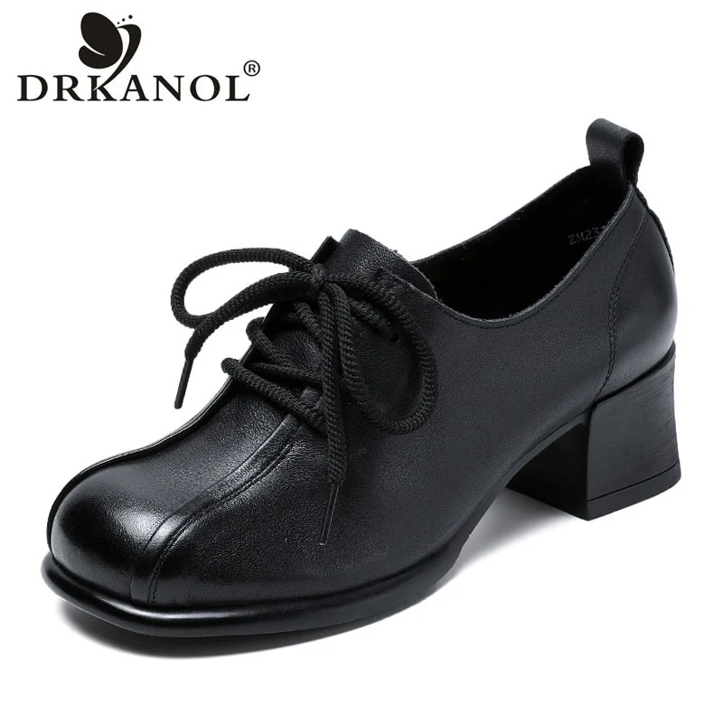 

DRKANOL Women Genuine Leather Shoes 2023 Spring Handmade Retro Style Pumps Women Lace-Up Round Toe Thick High Heel Casual Shoes