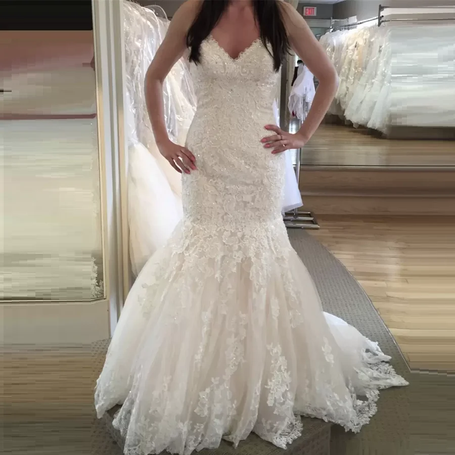 

Princess Mermaid Wedding Dresses long train White Wedding dress lace applique beading Bride Dress Robe de mariage customize