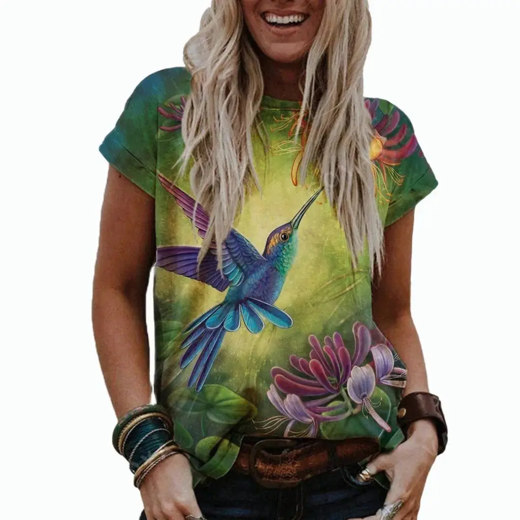 

NEW 2021 Vintage Women Floral Printed T Shirt Summer Short Sleeve O-Neck Casual Loose Tops 3XL Plus Size Female Bird Tee Clothes