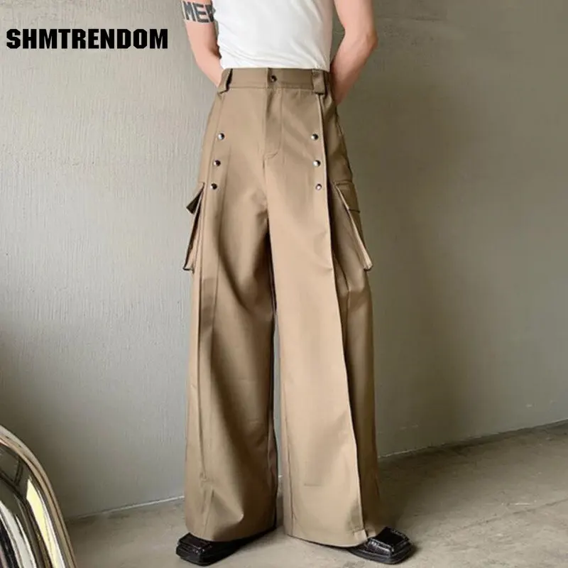 

2023 Men's Casual Wide Leg Trousers Korean Style New High Waist Metal Piece Pocket Decoration Fashionable Pants Plus Size S-XL