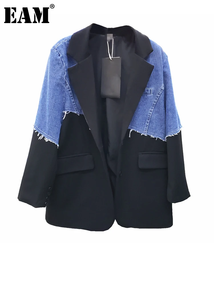 

[EAM] Women Black Denim Color-block Big Size Blazer New Lapel Long Sleeve Loose Fit Jacket Fashion Spring Autumn 2022 1DE9242