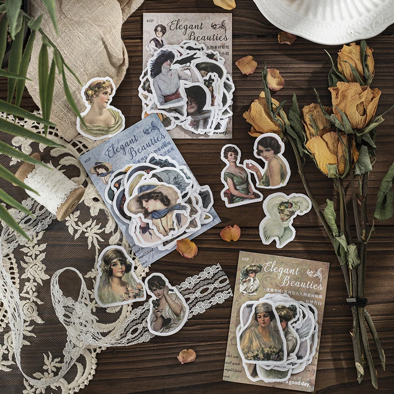 

40pcs elegant lady Scrapbook Stickers Set Vintage figure Flowers Girl Diy Decorative Stickers For Art Craft Scrapbooking Album