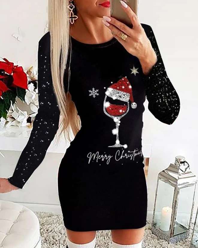 

Women Evening Party Dresses 2023 Autumn Spring Fashion Casual Christmas Wine Glass Print Contrast Sequin Elegant Bodycon Dress