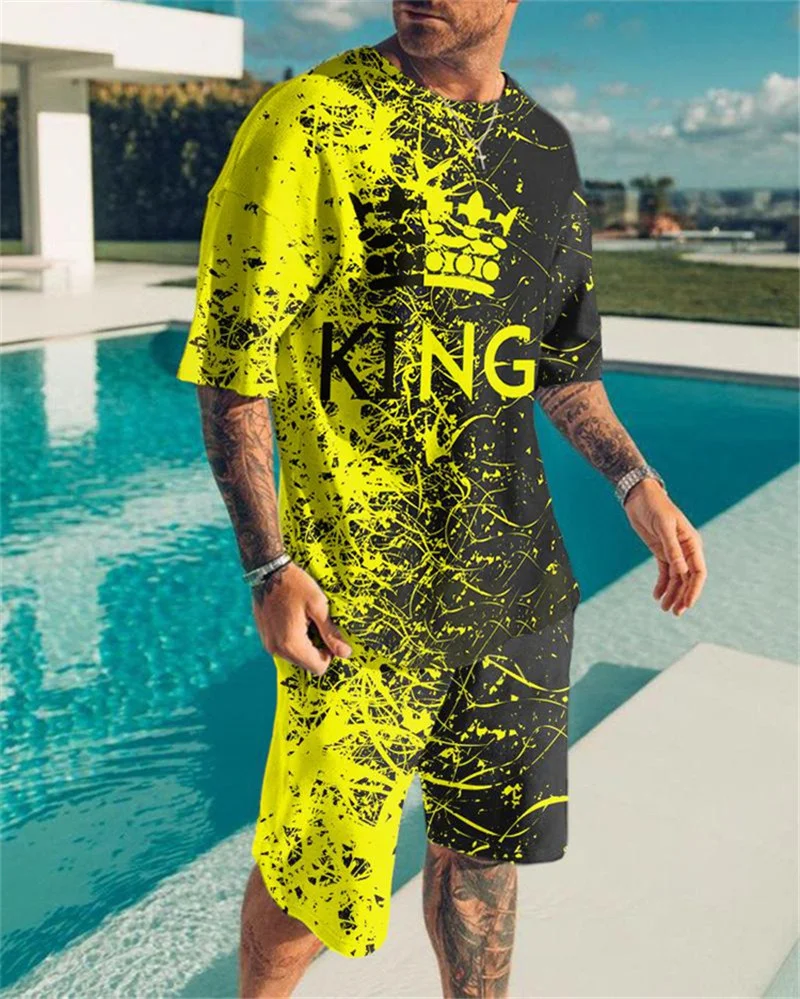

Men's Tshirts Trendy 3D Digital Printing Men's Summer Short Sleeve_Beach Pants Set Men's All-match T-shirt + Shorts Set