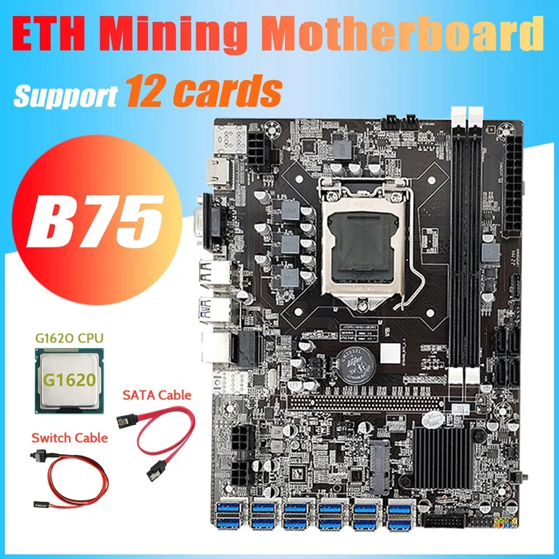 B75 ETH Mining Motherboard+G1620 CPU+Switch Cable+SATA Cable LGA1155 12 PCIE To USB MSATA DDR3 B75 USB BTC Motherboard