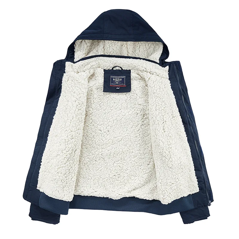 Youth Leisure Plus Velvet Thick Hooded Jacket Mens Fashion Bubble Fleece Lining Tooling Jacket Winter Warm Cotton-padded Jacket