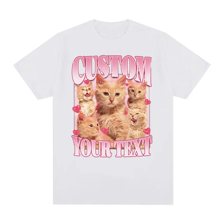Футболка мужская с рисунком кошки и надписью на заказ модная винтажная тенниска