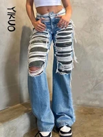 yikuo ripped high waist y2k jeans patchwork camouflage grunge denim trousers women korean fashion streetwear straight pants