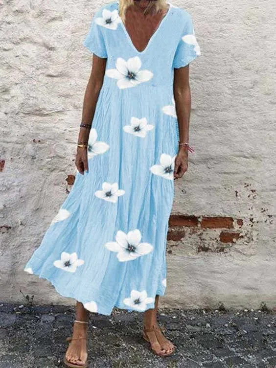 

2022 Spring Floral Print Boho Long Dress Women Sexy V Neck Short Sleeve Party Dress Summer Loose Casual Beach Dresses Vestidos
