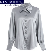 nianzhen real 100 silk satin long sleeves solid chic blouse 2022 new fashion spring autumn office lady shirt 90074