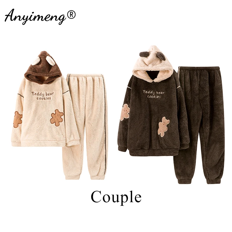 

Winter Thick Loungewear for Couple Cute Bear Embroidary Warm Pajamas Set for Men Korean Kawaii Style Hoodies Pijamas for Women