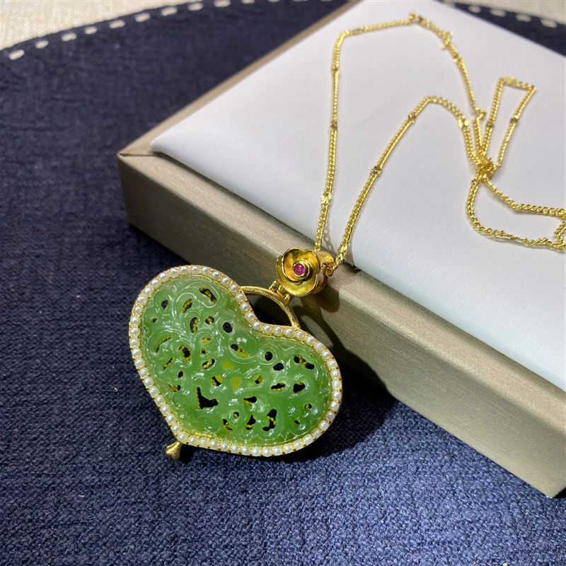 

Natural green jade pendant with gold 925 sterling silver necklace heart jade necklaces pendants for women marcasite jewelry