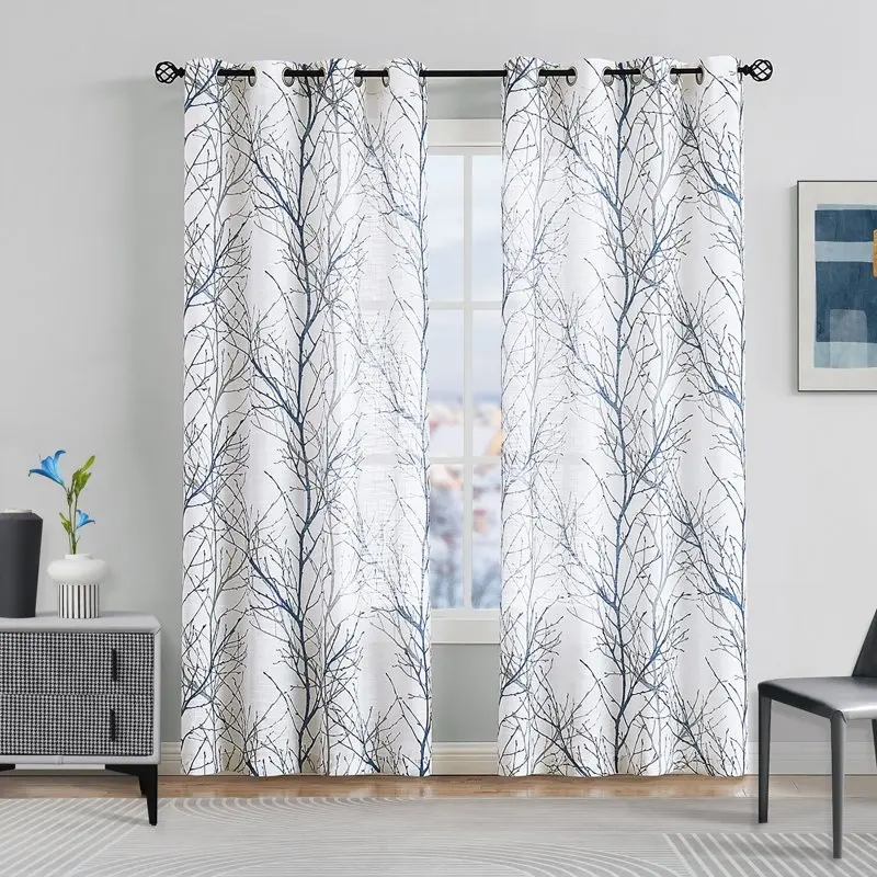 

Print Blue Grey White Semi-Sheer Curtain Panels for Living Room 84" Grey Tree Branch Linen Textured Window Treatment Set Draperi