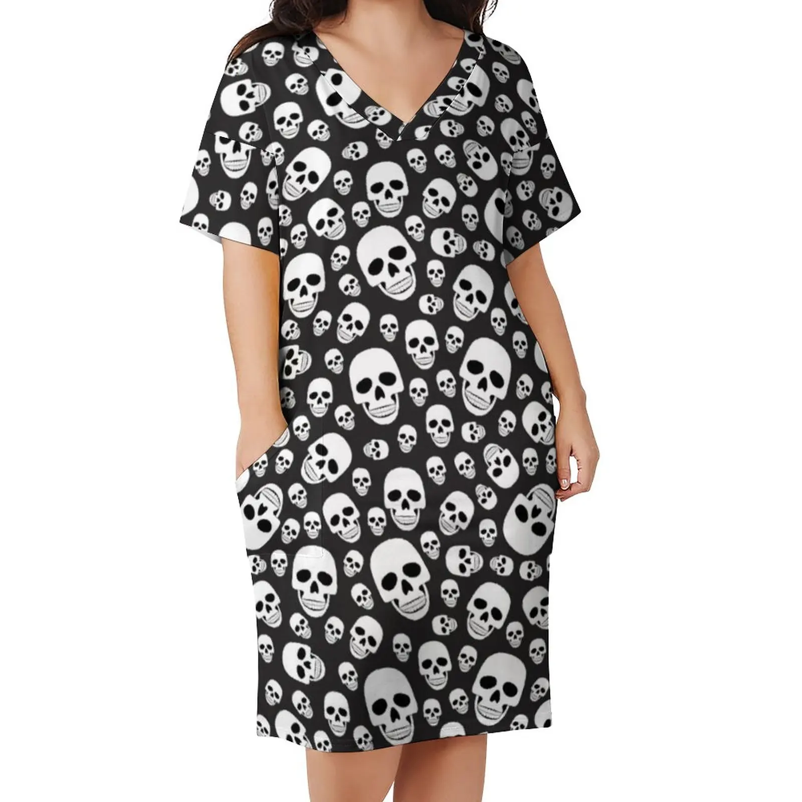 

Halloween Dress V Neck Cool Skull Print Elegant Dresses Women Street Fashion Pattern Casual Dress With Pockets Plus Size 3XL 4XL