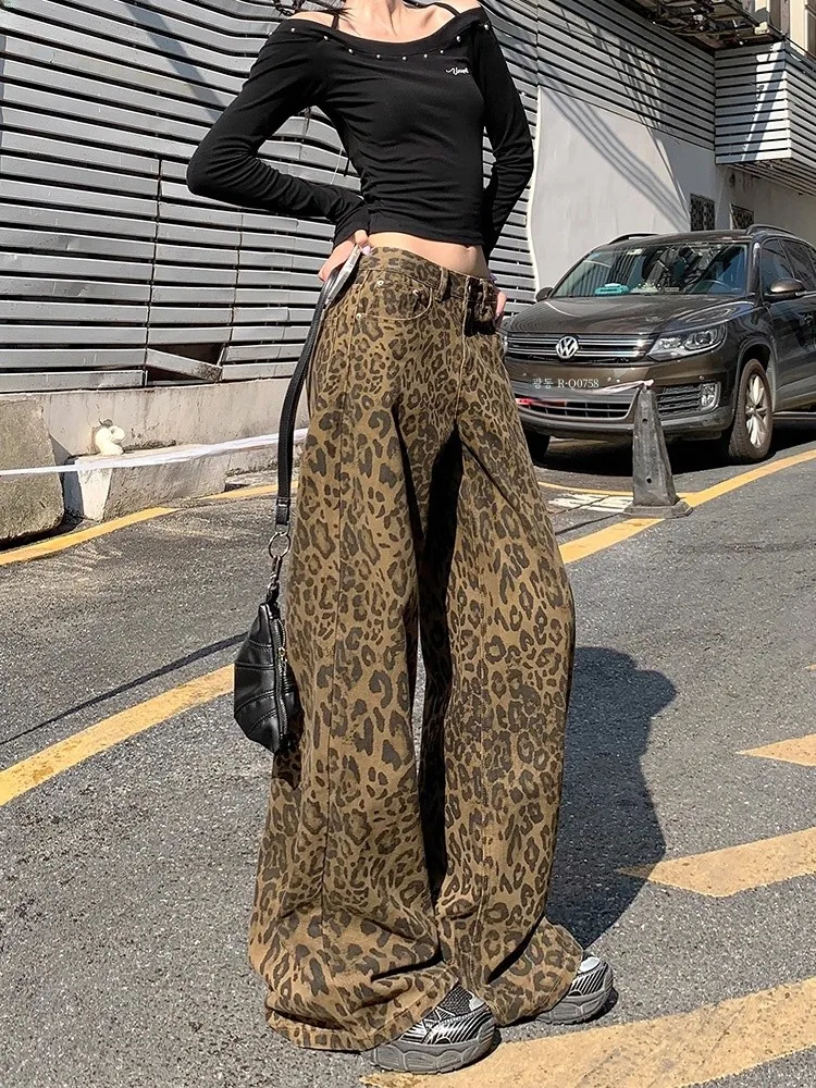 Plus Size Vintage Leopard Print Wide Leg Denim Women Fall New Arrival High Waist Loose Slimming and All-Matching Casual Strai...