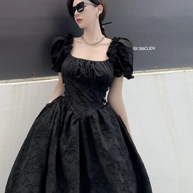 

Hepburn Style Black Dress Women 2022 New Spring Summer Puff Sleeves Elegant Tea Dress Sweet High Waist Girls French Dresses