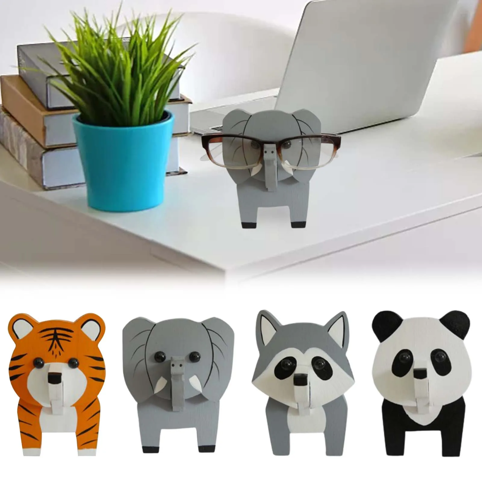 Wooden Animal Glasses Holder Cartoon Detachable Spectacle Frame Eyeglasses Holder for Home Office (Elephant/ Tiger/ Panda)