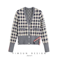 early autumn british style 2022 new v neck top womens tbb plaid color blocking knitted sweater cardigan outside top coat