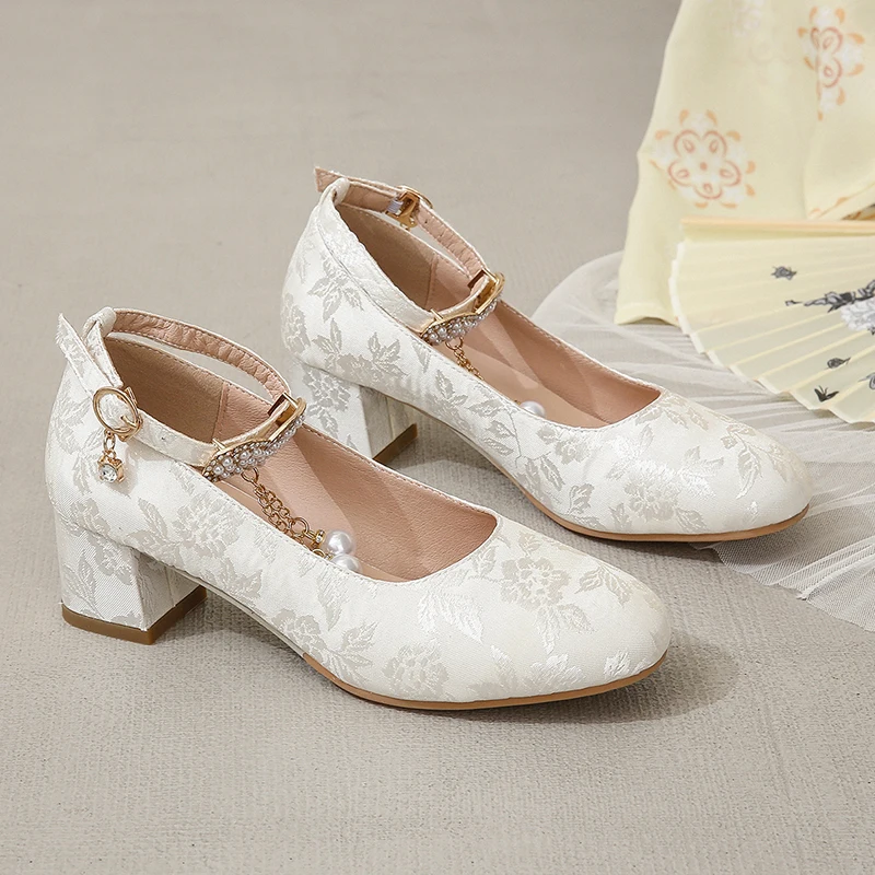 Женские туфли-лодочки с жемчугом розовые или бежевые туфли в китайском стиле