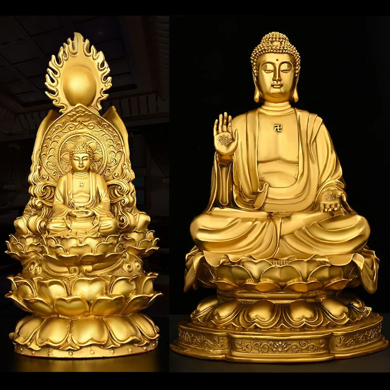 

Pure copper three-faced Buddha Tathagata Buddha ornaments sitting lotus altar Buddha Sakyamuni home offering Buddha statue