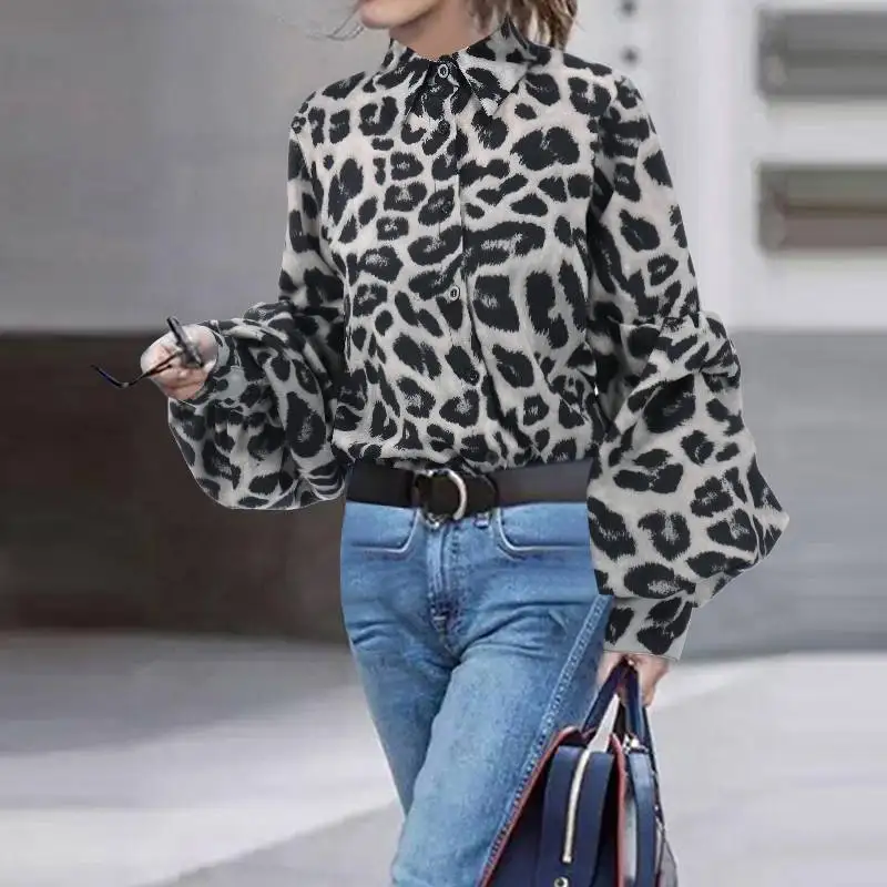 2022 Autumn Turn-down Collar Long Lantern Sleeve Slim Single Breasted Women's Blouses Fashion Office Lady Leopard Print Shirts