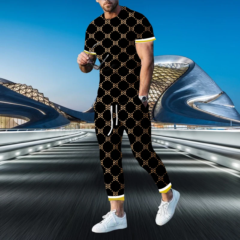 2023 Luxury Casual Men’s Tracksuit 2 Piece Set 3D Printed Summer Oversized Short Sleeve T-Shirt+LOng Pants Street Clothing