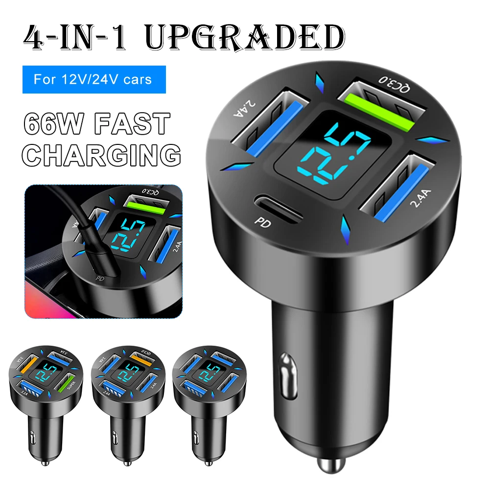 

Car Charger 66W PD Fast Charging Type-C 12V/24V 4 USB Ports Cigarette Lighter Adapter LED Voltmeter for Huawei Xiaomi iPhone 13