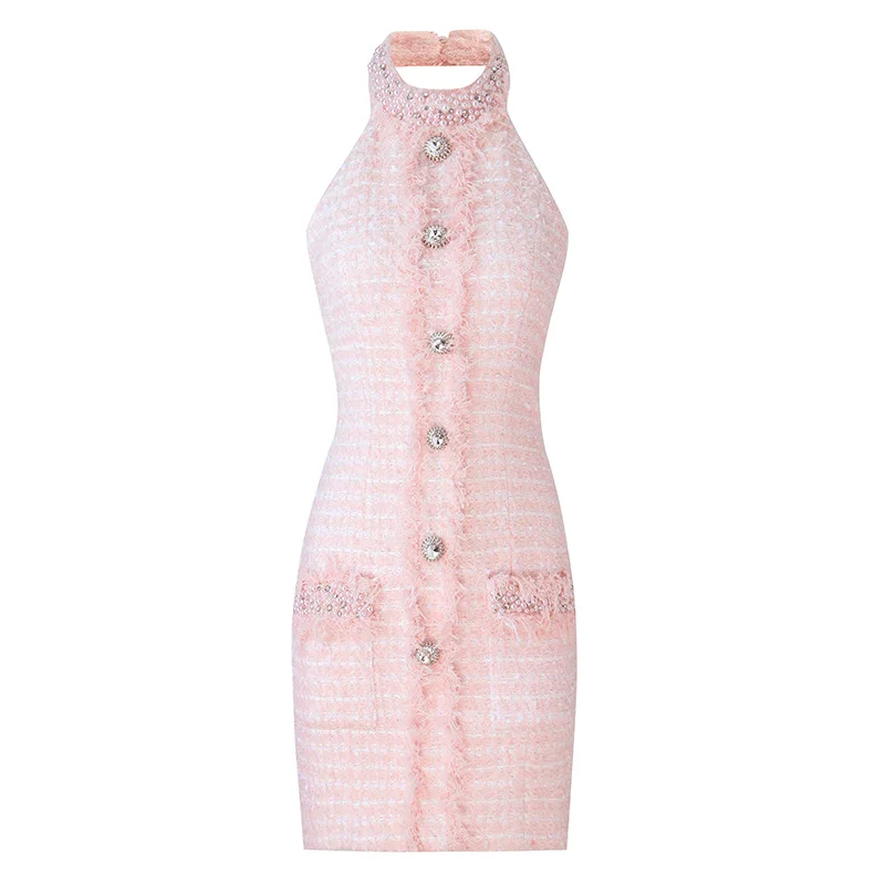 Pink Tweed Sleeveless Hanging Neck Backless Dress Sexy High Quality Nail Bead Drill Buckle Temperament Party Mini Dresses Women