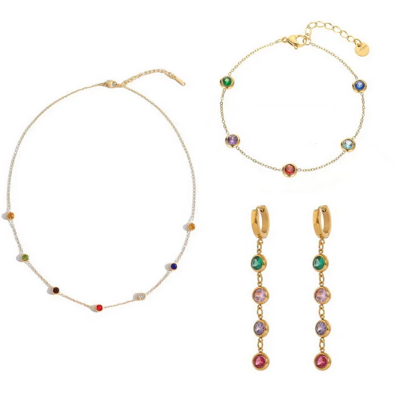 

316L Stainless Steel Colourful Zircon Necklace Earrings Bracelet For Women New Vintage Lady Jewelry Set Party Lovers Gift Bijoux