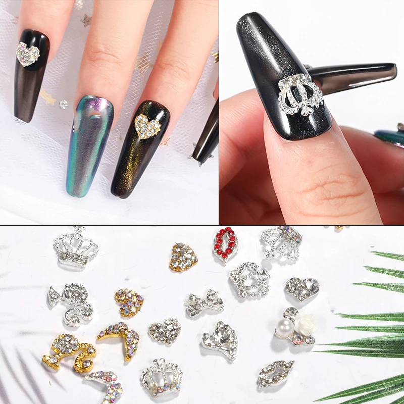 

10 шт. золотые и серебряные коронные крылья, кавайный хвост, шармы для ногтей для девочек, драгоценные камни стразы, детали для ногтей, сделай ...