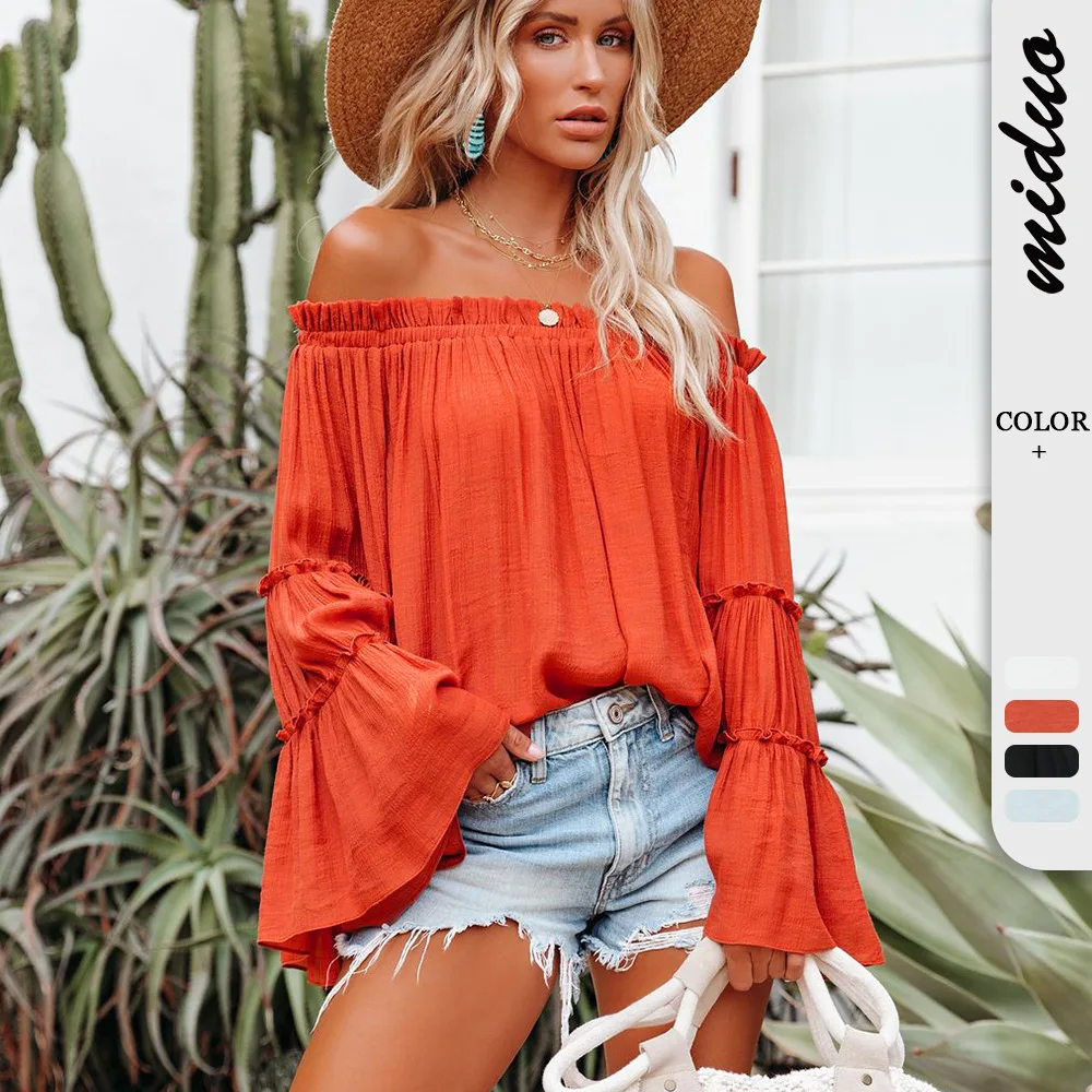 

Women Pure Color Slub Cotton Women's Flare Sleeve Off-Neck Sexy Spring Summer Top Fashion Loose T-shirt